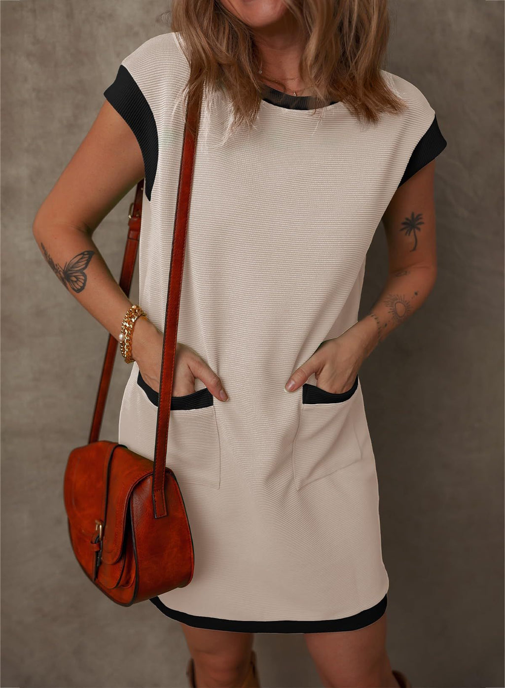 Women's Pullover Pocket Cover Sleeve Color Matching Straight Dress