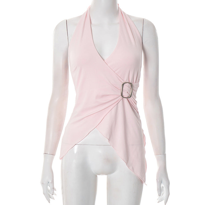 Women's Summer Solid Color Sleeveless Sexy Halter Women's T-shirt