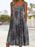 Summer Vintage Loose Vacation Style Round Neck Printed Pocket Dress