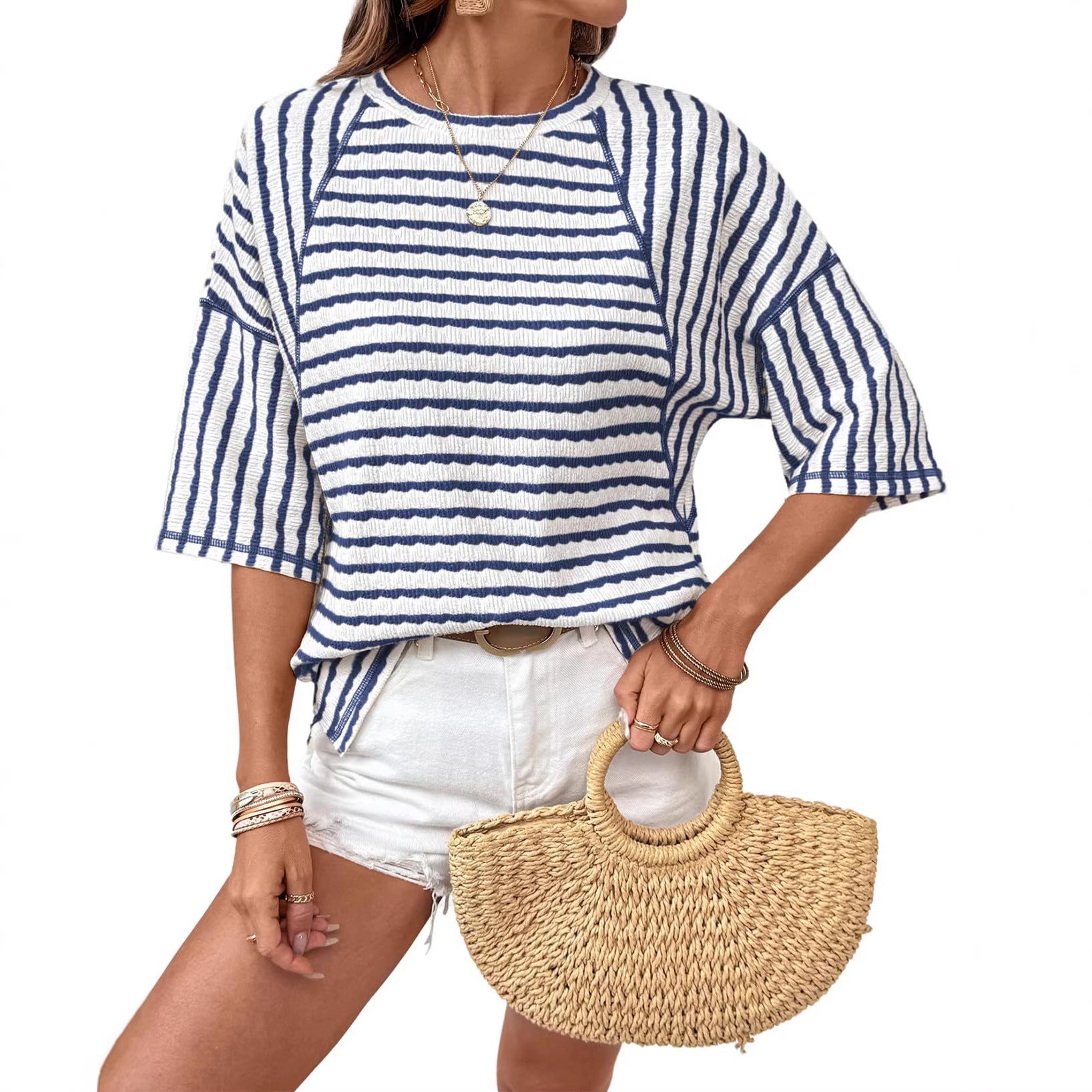 Women's Summer Pullover Simple Striped Half Sleeve Women's T-shirt