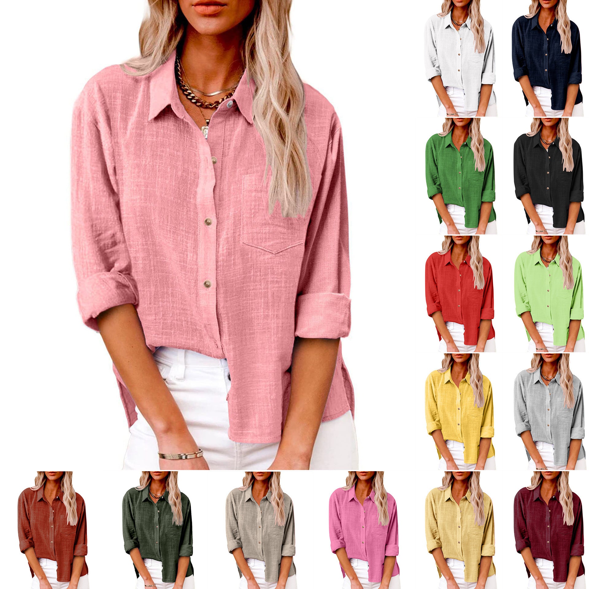 Women's Solid Colored Lapel Button Long-sleeved Cotton Linen Blouse