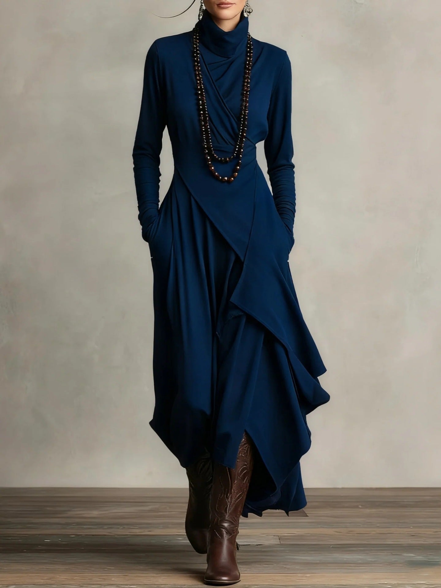 Women's European Solid Color Long Sleeve Cross Dress