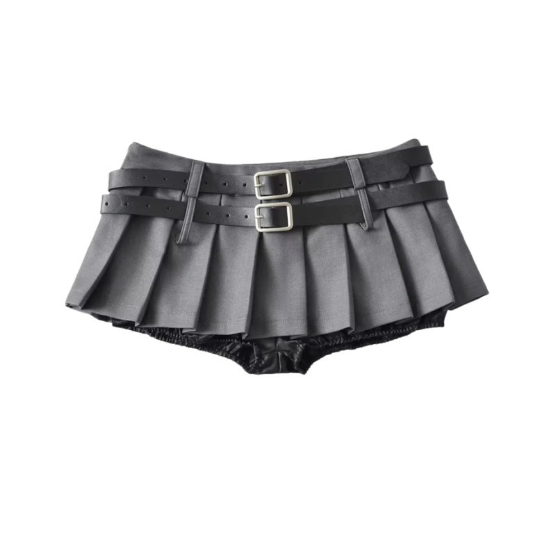 Women's American Niche Double Belt Design Hot Pleated A- Line Skirt