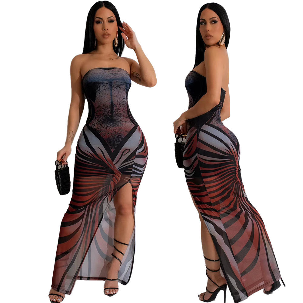 Women's Mesh Floral Print Strapless High Slit Sexy Dress