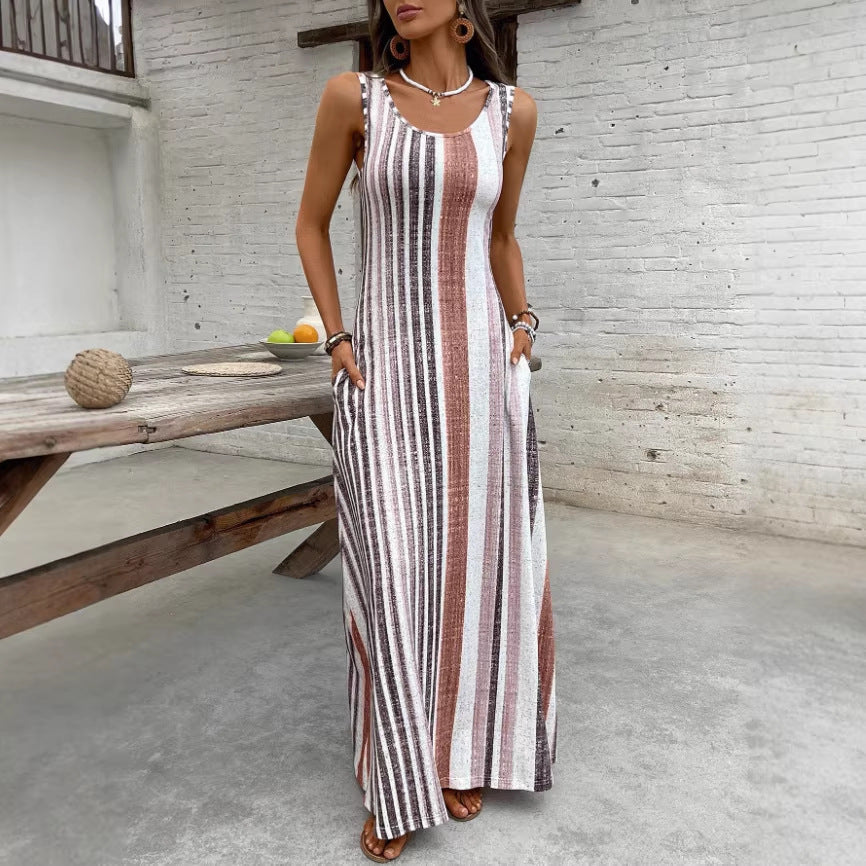 Women's Fashion Casual Sleeveless Striped Round Neck Pocket Clothing