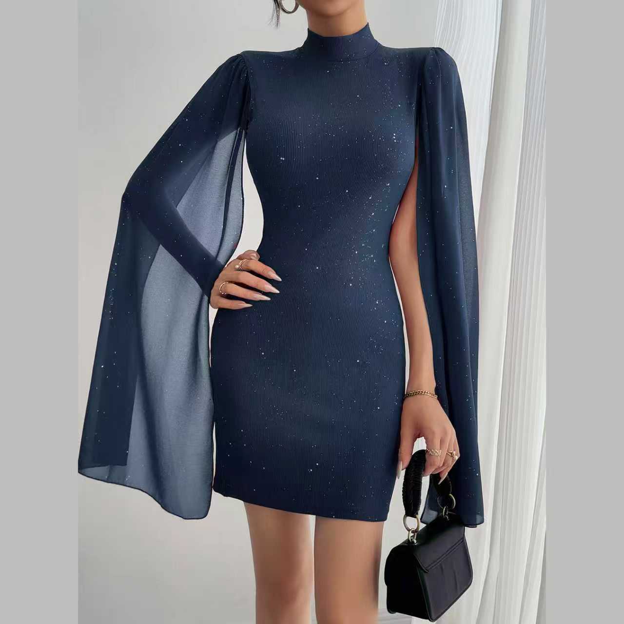 Women's Round Neck Sunken Stripe Chiffon Cloak Dress