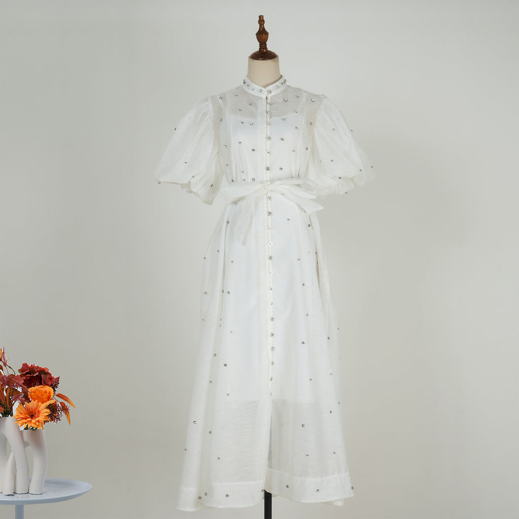 Summer Palace Style High Design Sense Rhinestone Sleeve Single-breasted Long Dress