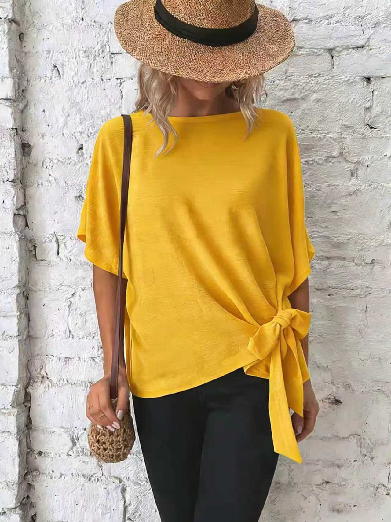 Women's Summer Solid Color Batwing Sleeve Knotted Women's T-shirt