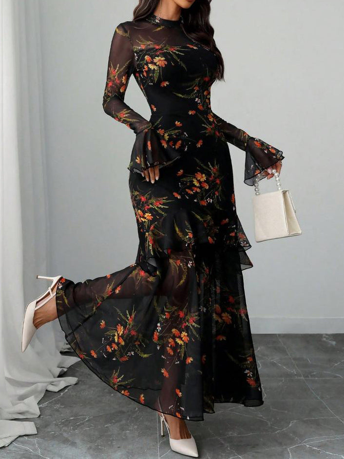 Women's Voile Floral Elegant Graceful Ruffles Long Sleeve French Dress