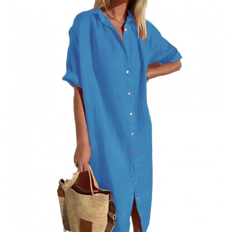 Women's Elegant Casual Loose Sleeves Button Cotton Linen Long Pocket Shorts