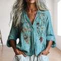Lake Blue Imitation Embroidery Long Sleeve Blouse