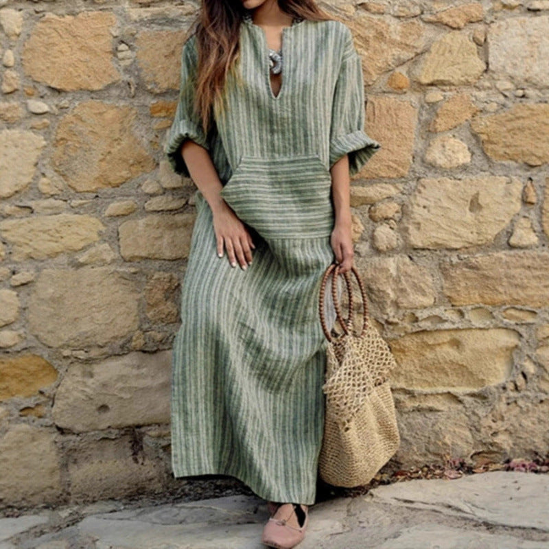 Women's Cotton Linen Yarn-dyed Striped Loose Pockets Dress