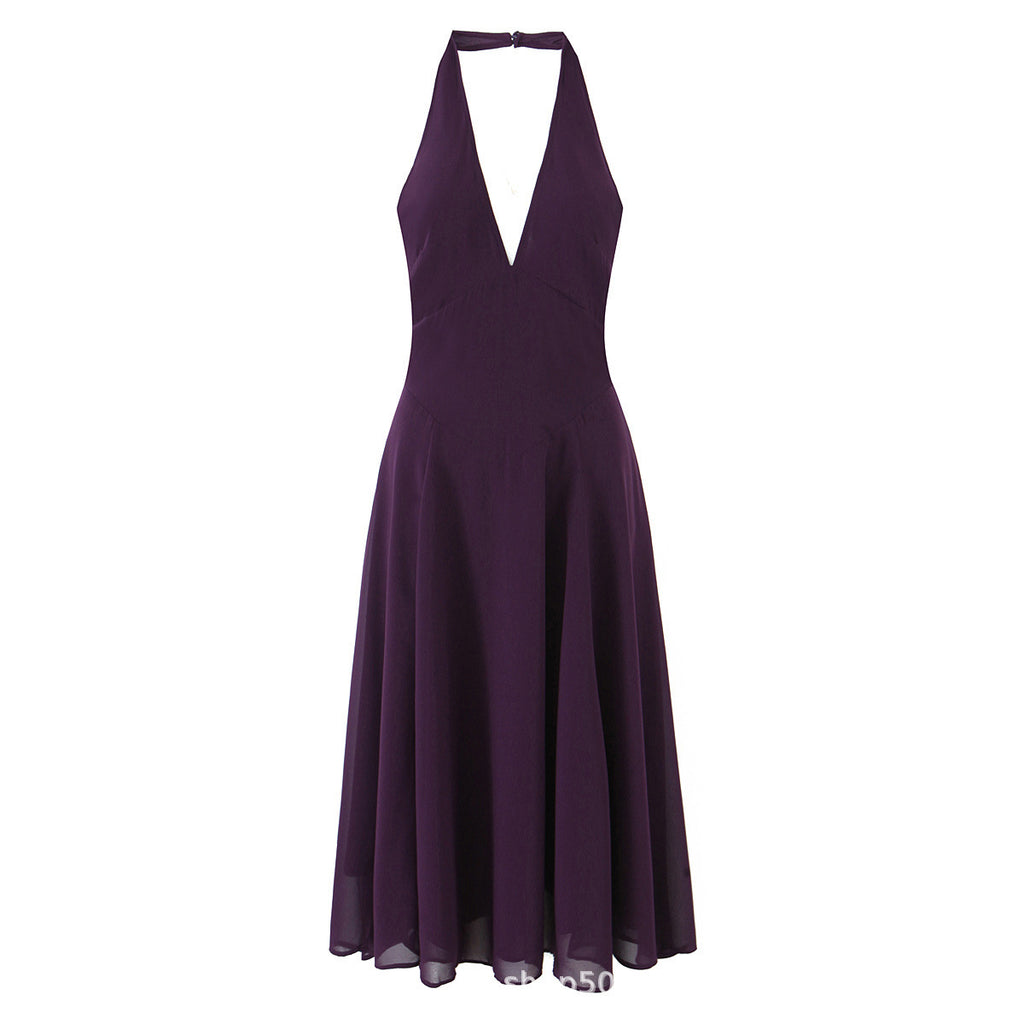 Purple Temperament Sexy Deep V Backless Halter Dress