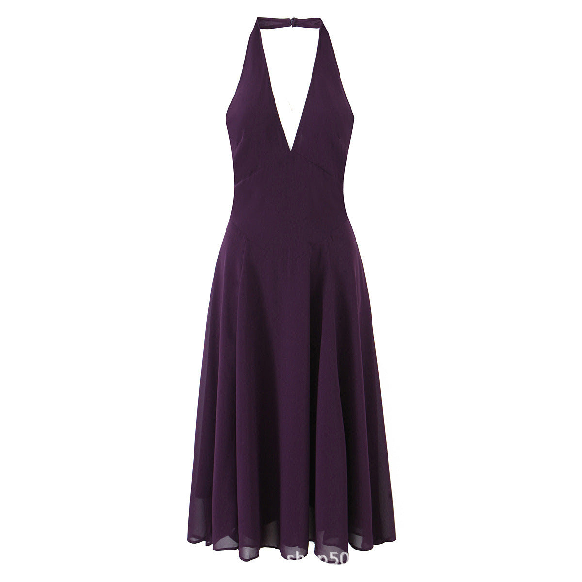 Purple Temperament Sexy Deep V Backless Halter Dress