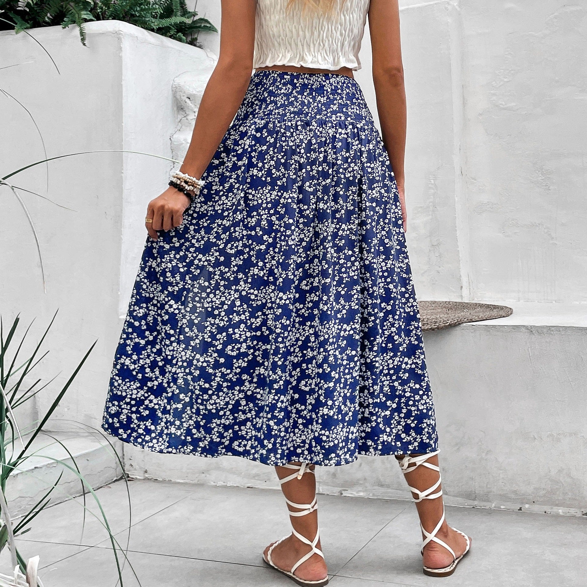 Women's Floral Summer Mid-length Holiday Print Split Skirt