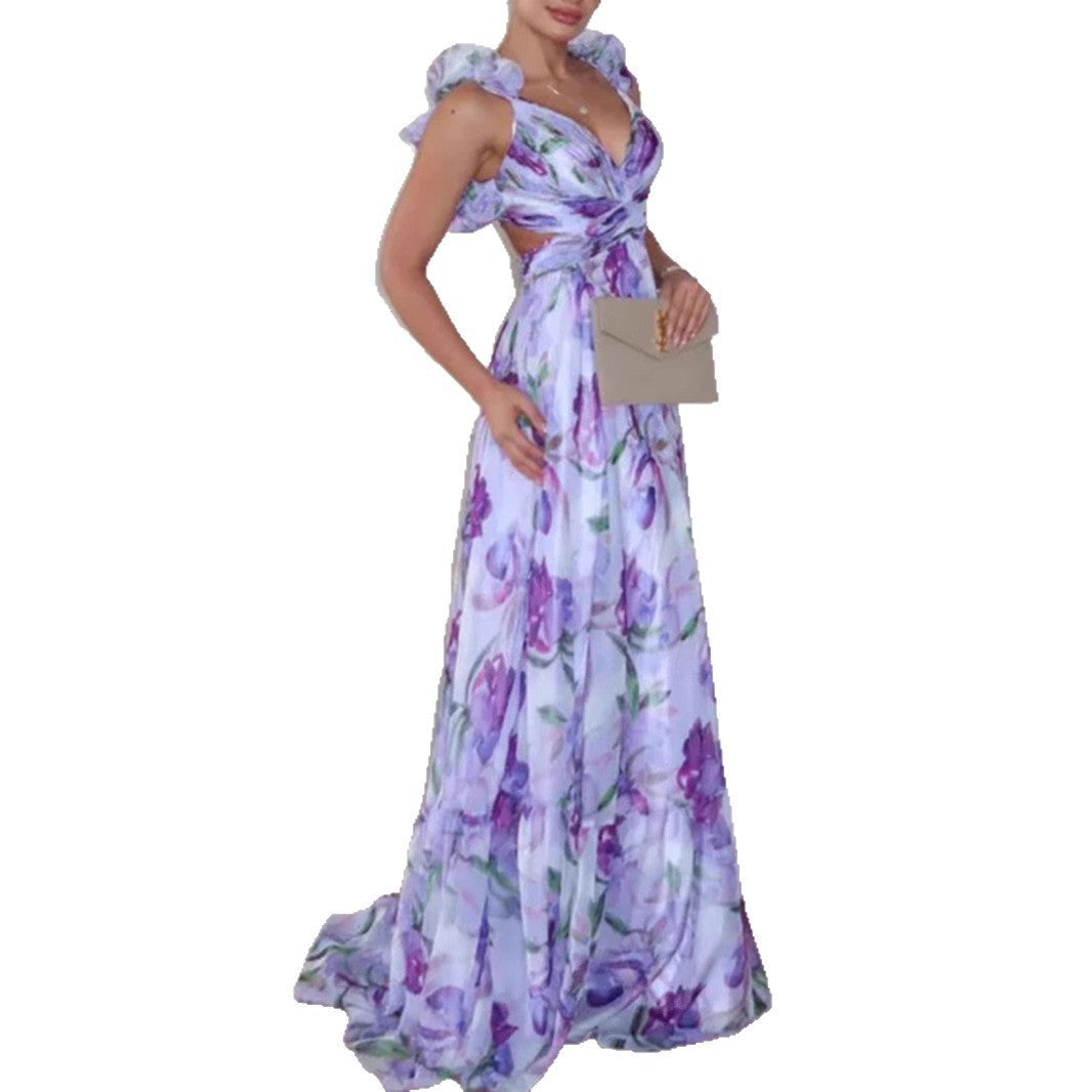 Women's Deep V Chiffon Long Printed Sleeveless Elegant Dress