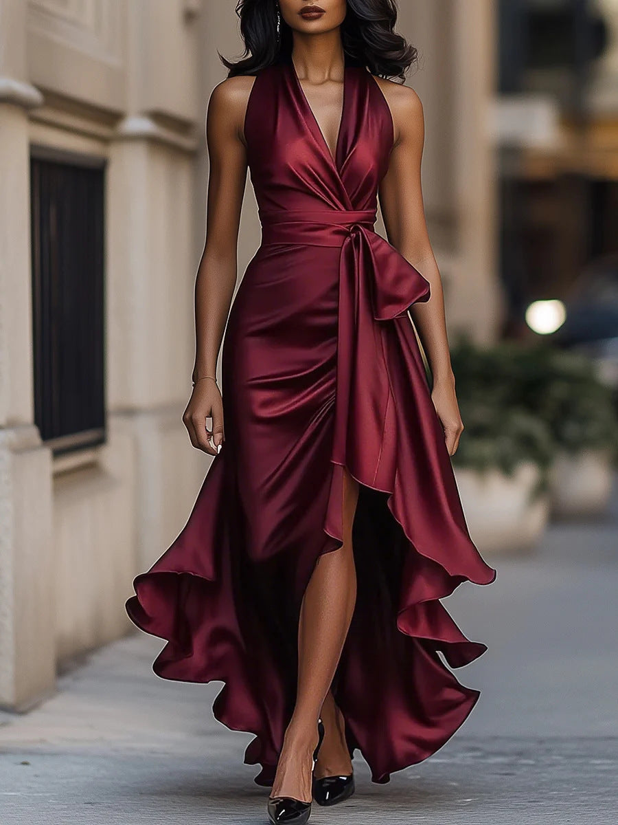 Women's Satin Sleeveless Waist Trimming Ruffles Elegant Dress
