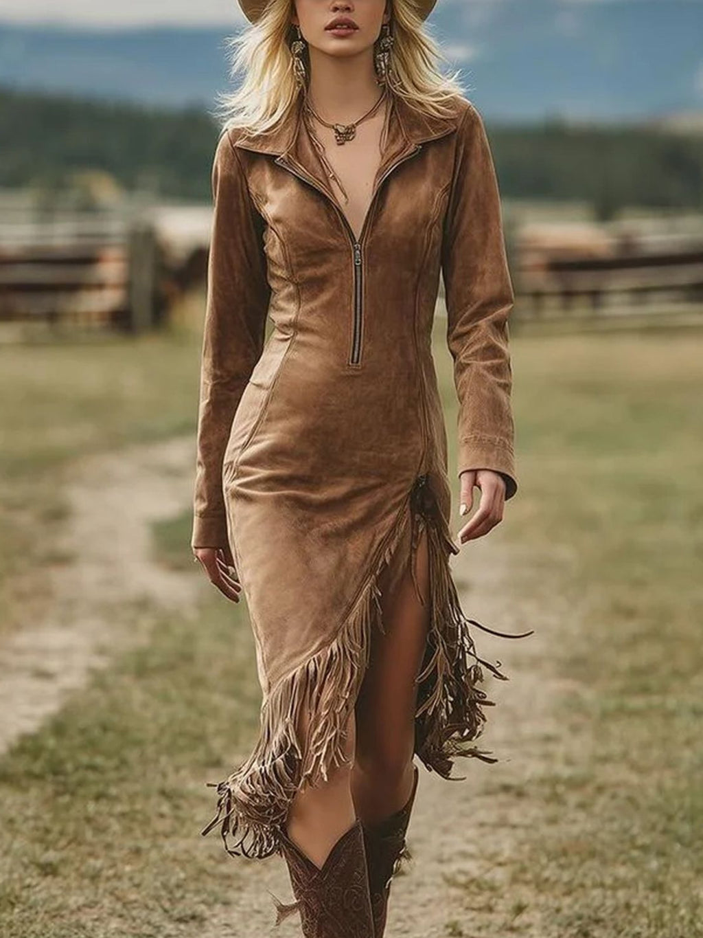 Western Denim Suede Tassels Long Sleeve Dress