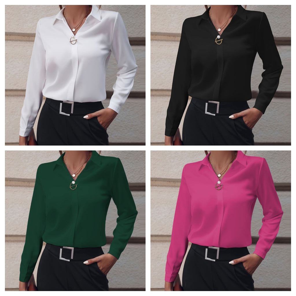 Women's Shirt Versatile Simple Solid Color Long Sleeve Blouse