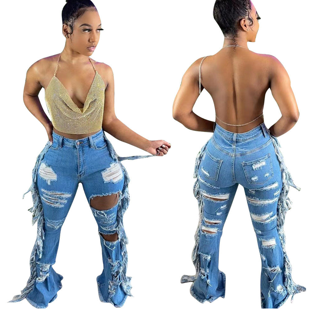 Summer Long With Holes Washed Tassels Women's Jeans