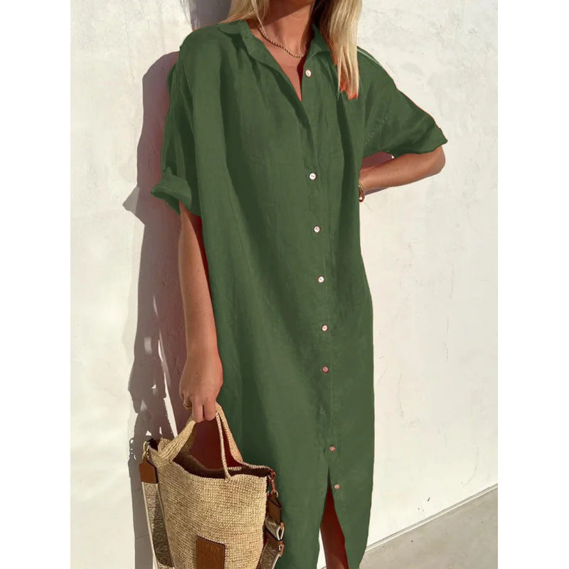 Women's Elegant Casual Loose Sleeves Button Cotton Linen Long Pocket Shorts