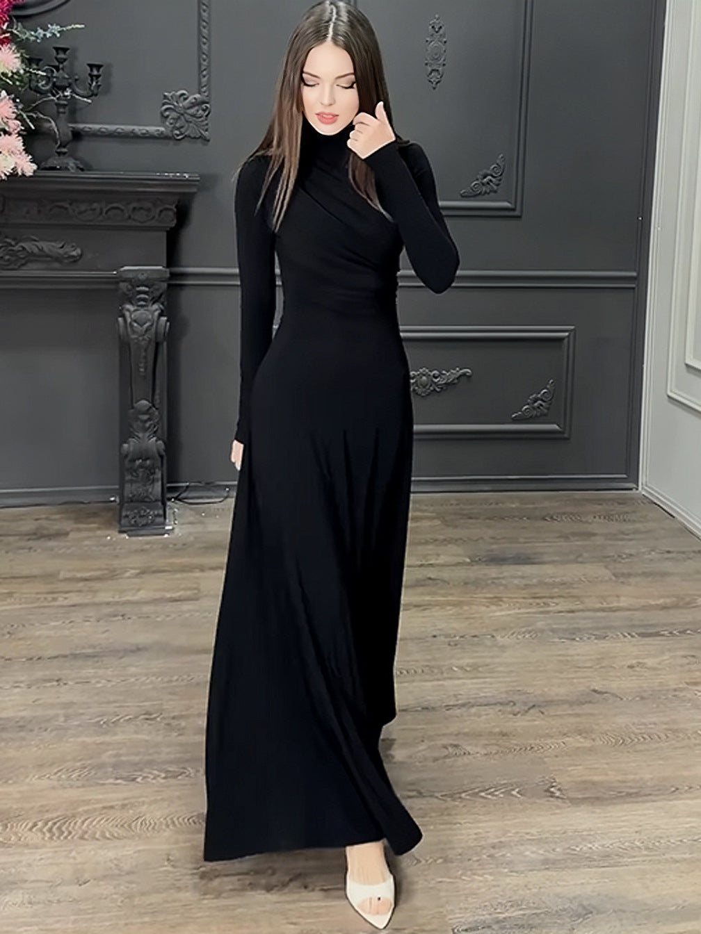 Autumn Solid Color Pleated Waist Tight Slimming Graceful Dress