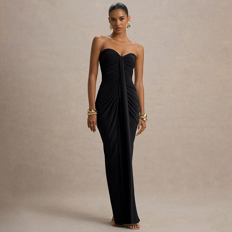 Women's Solid Color Pleated Wrap Ribbon Sleeveless Dress