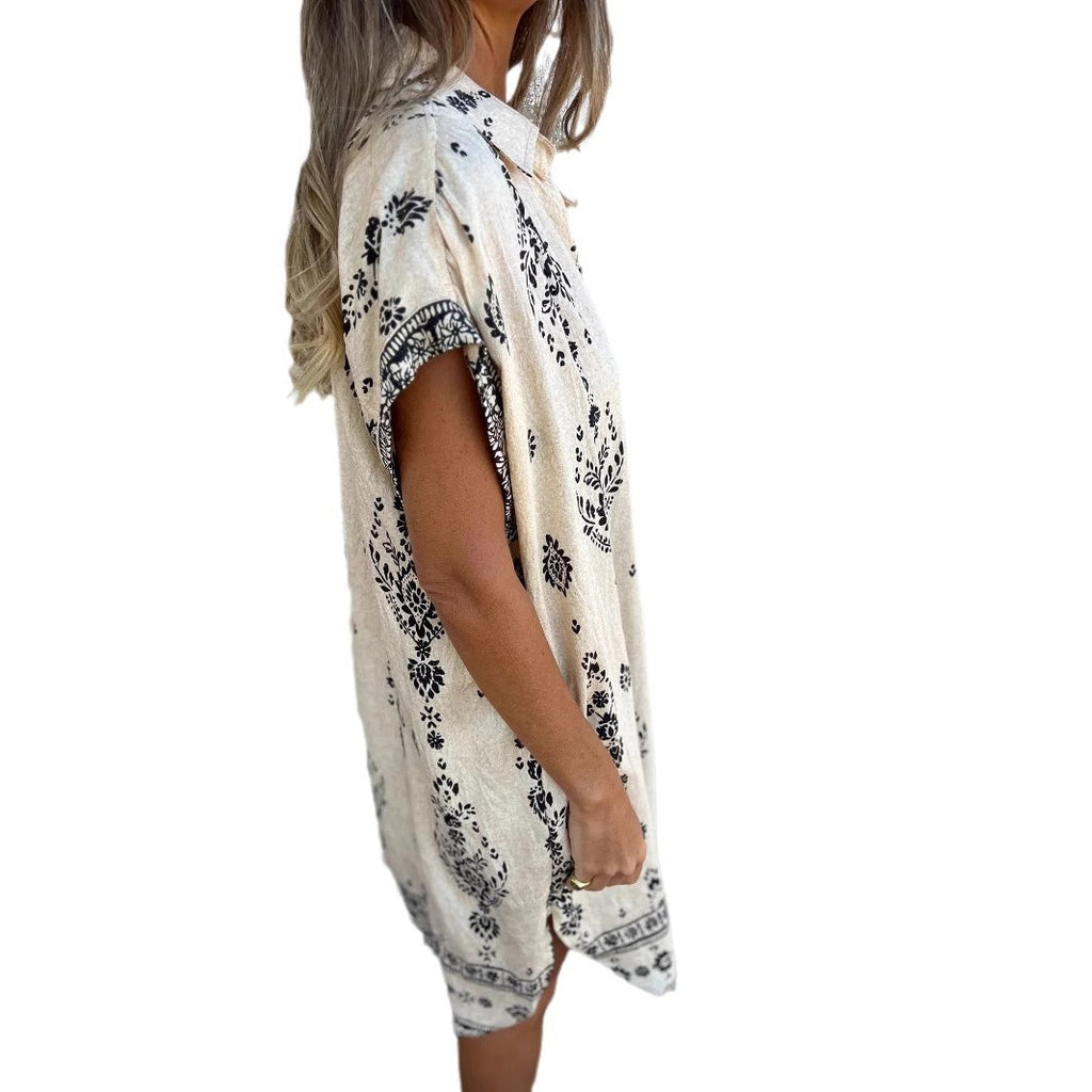 Women's Summer Loose Casual Sleeve Cotton Linen Shirt Pocket Dress