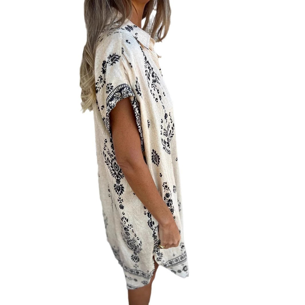 Women's Summer Loose Casual Sleeve Cotton Linen Shirt Pocket Dress