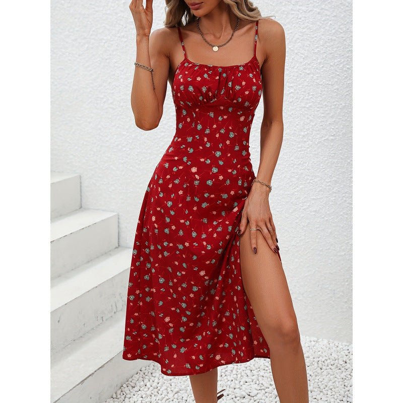 Women's Fashionable Summer Sexy Sling Slit Floral Dress
