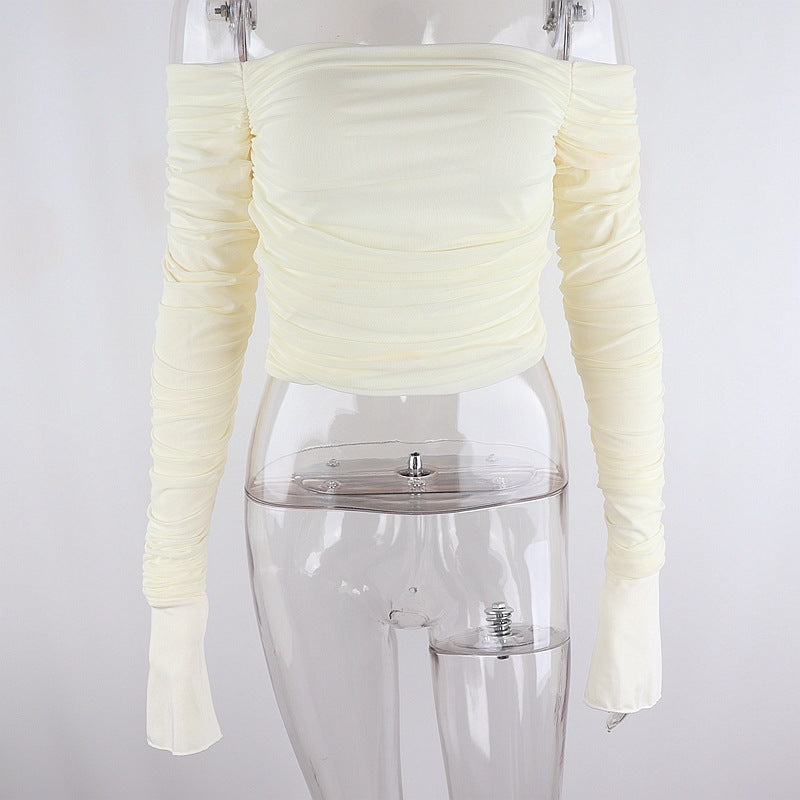 Women's Sexy Mesh Sweet Pleated Flared Long-sleeved Tops