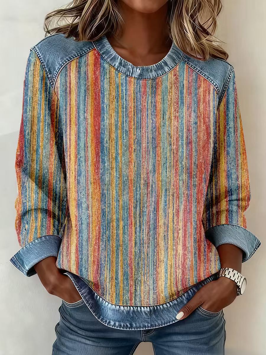 Women's Plaid Stitching Denim Round Neck Loose-fitting Source Sweaters