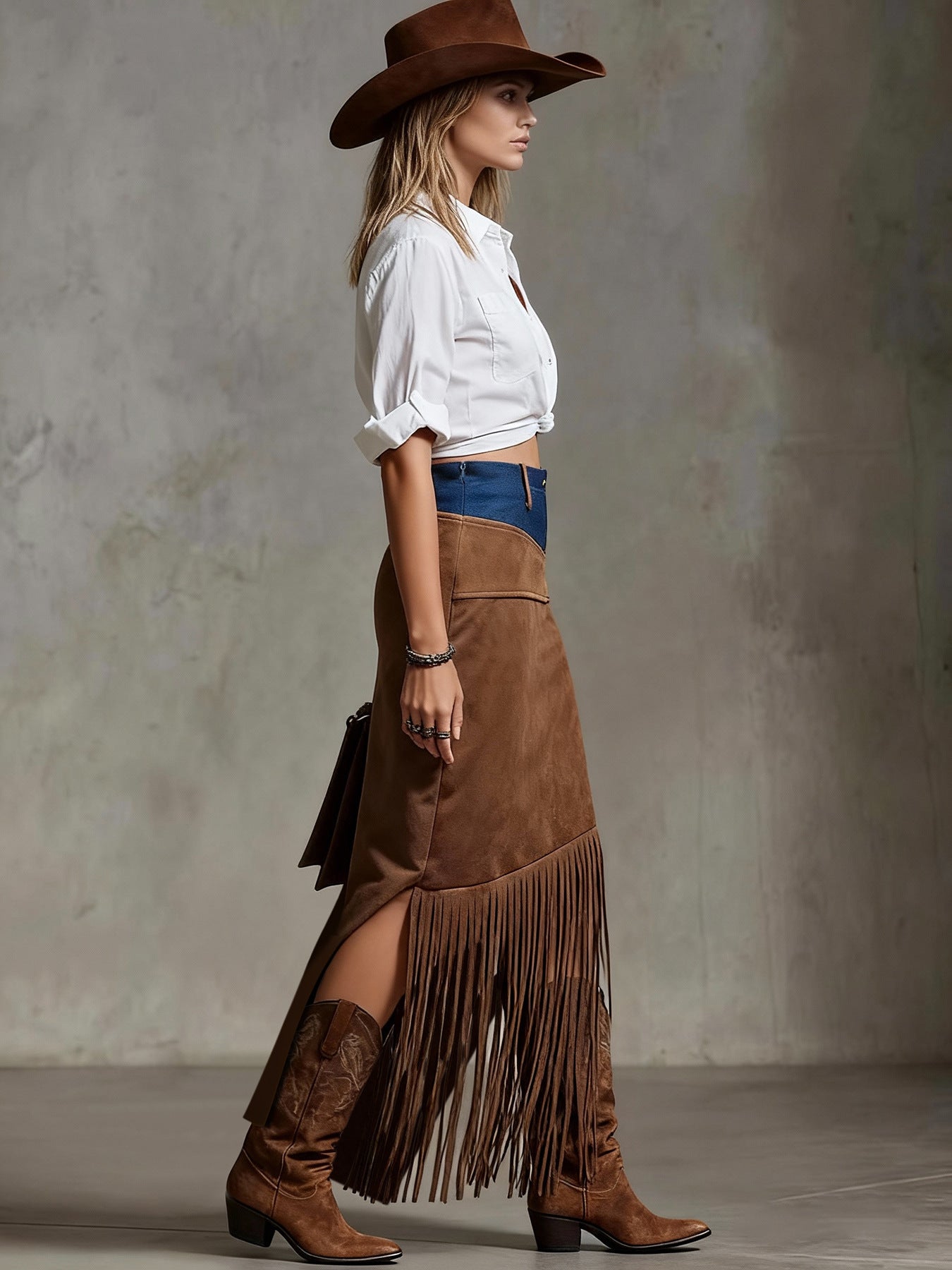 Fringe Stitching Denim Hem Irregular Suede Skirts