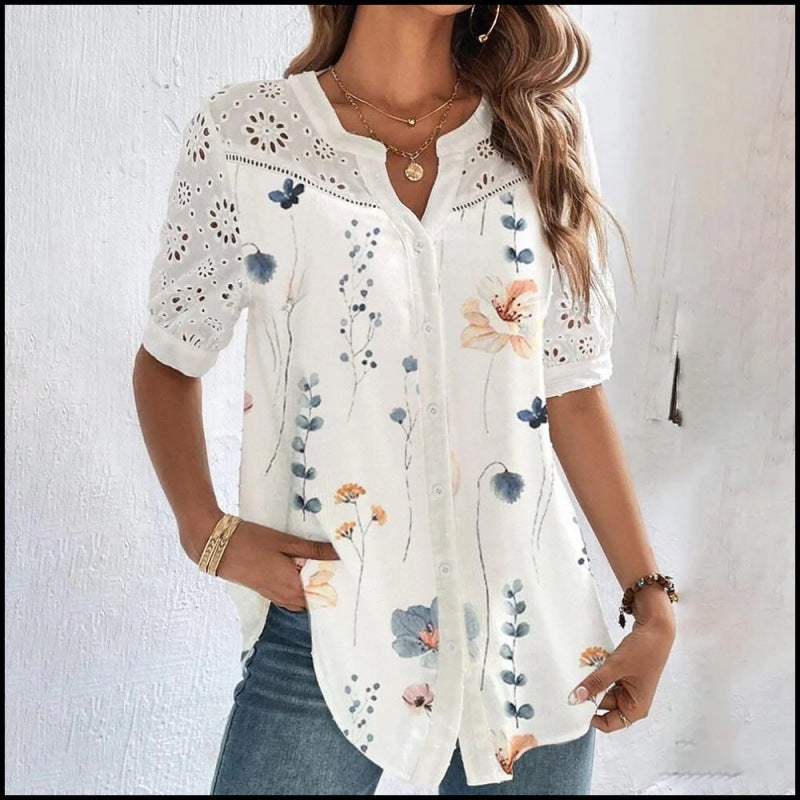 Women's Fashionable Breasted Lapel Short-sleeved Shirt Tops