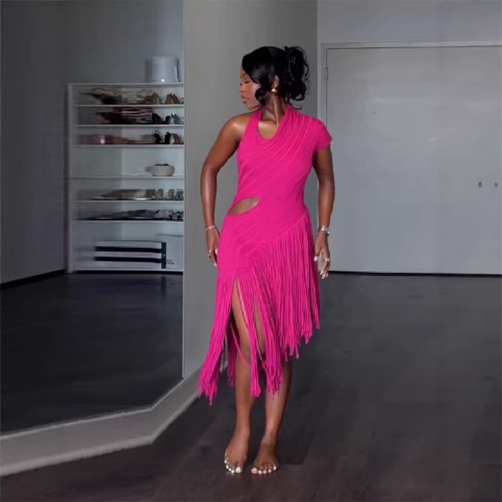 Women's Summer Design Stitching Shoulder Solid Color Sexy Knitted Dress