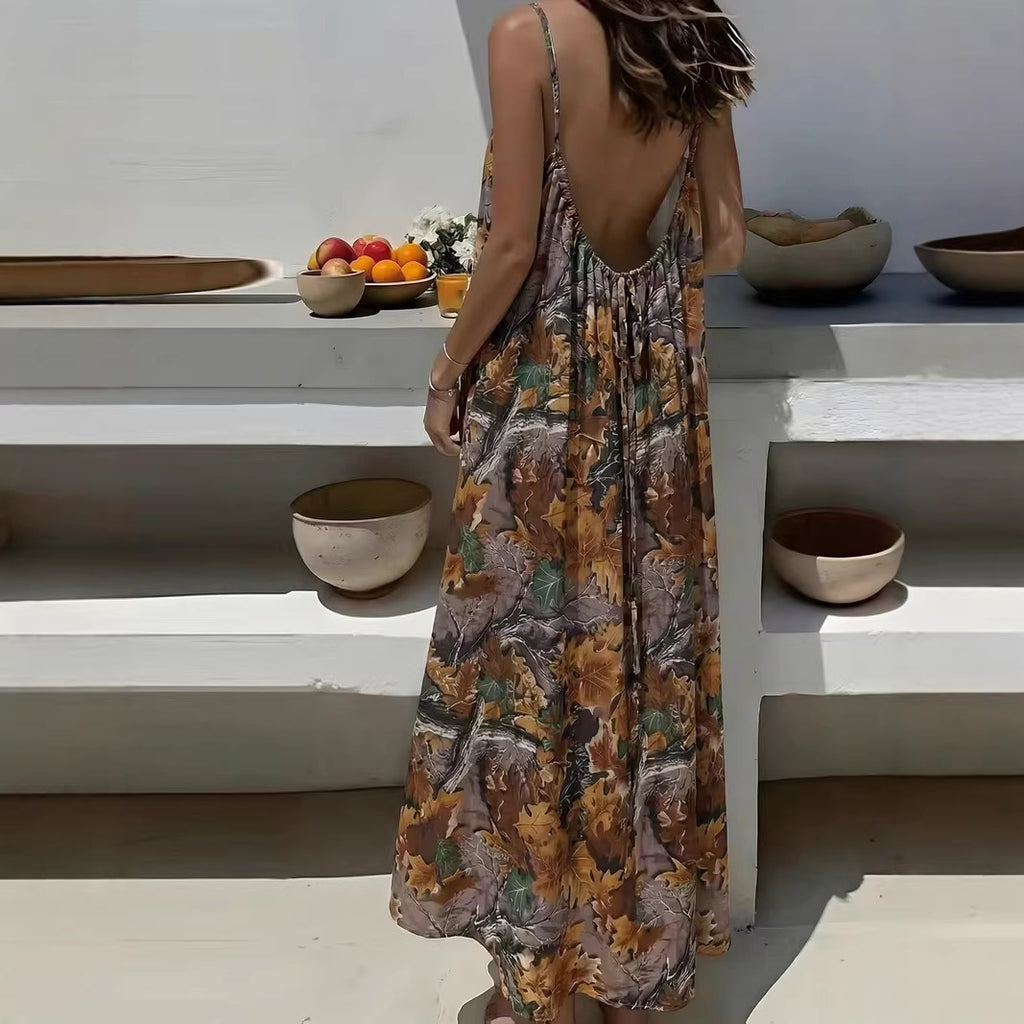 Silk Ruffle Solid Color Pleating Backless Dress