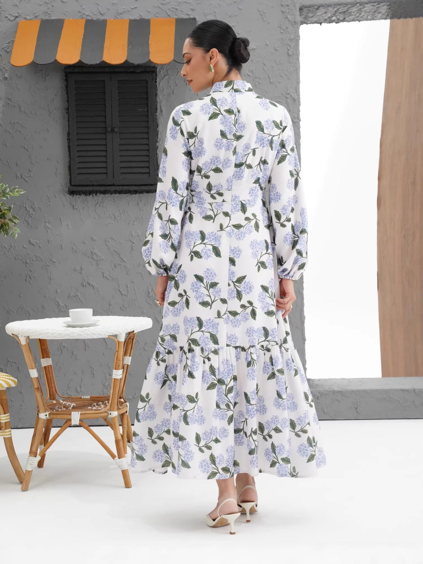 Women's Printed Bag Buckle Shirt Collar Long Dress