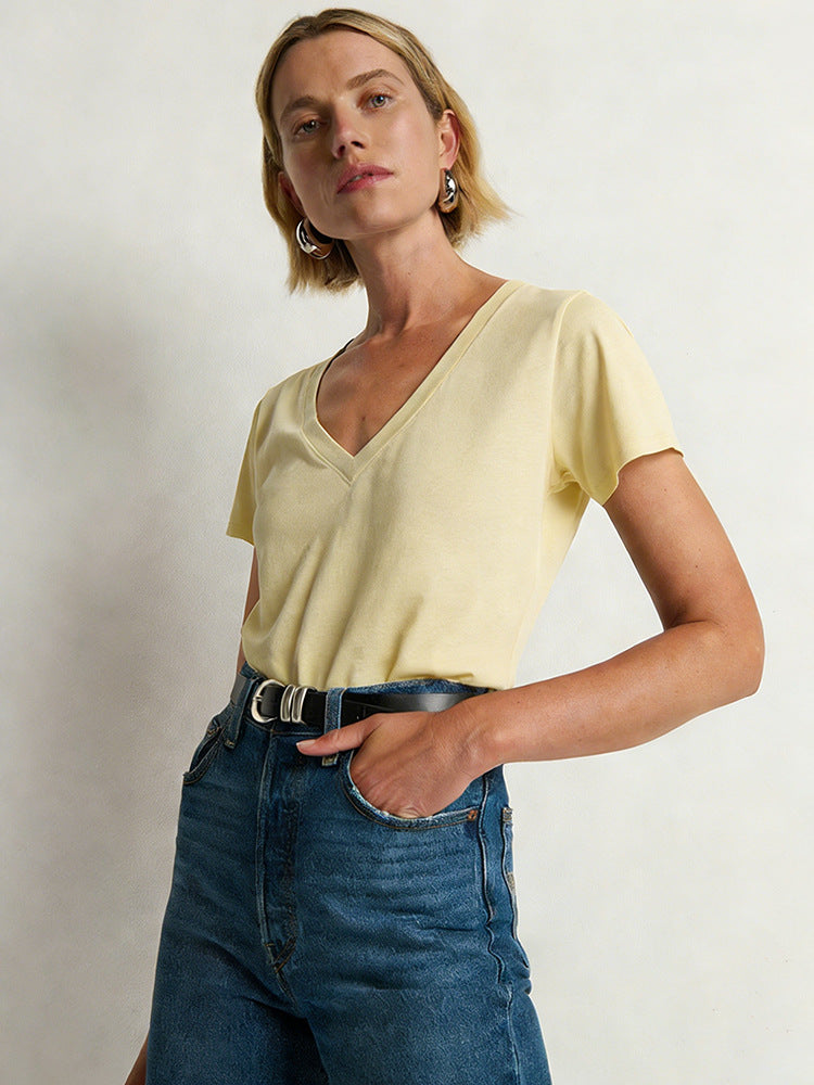 Summer Cotton Knitted Linen Sleeve Simple Women's T-shirt