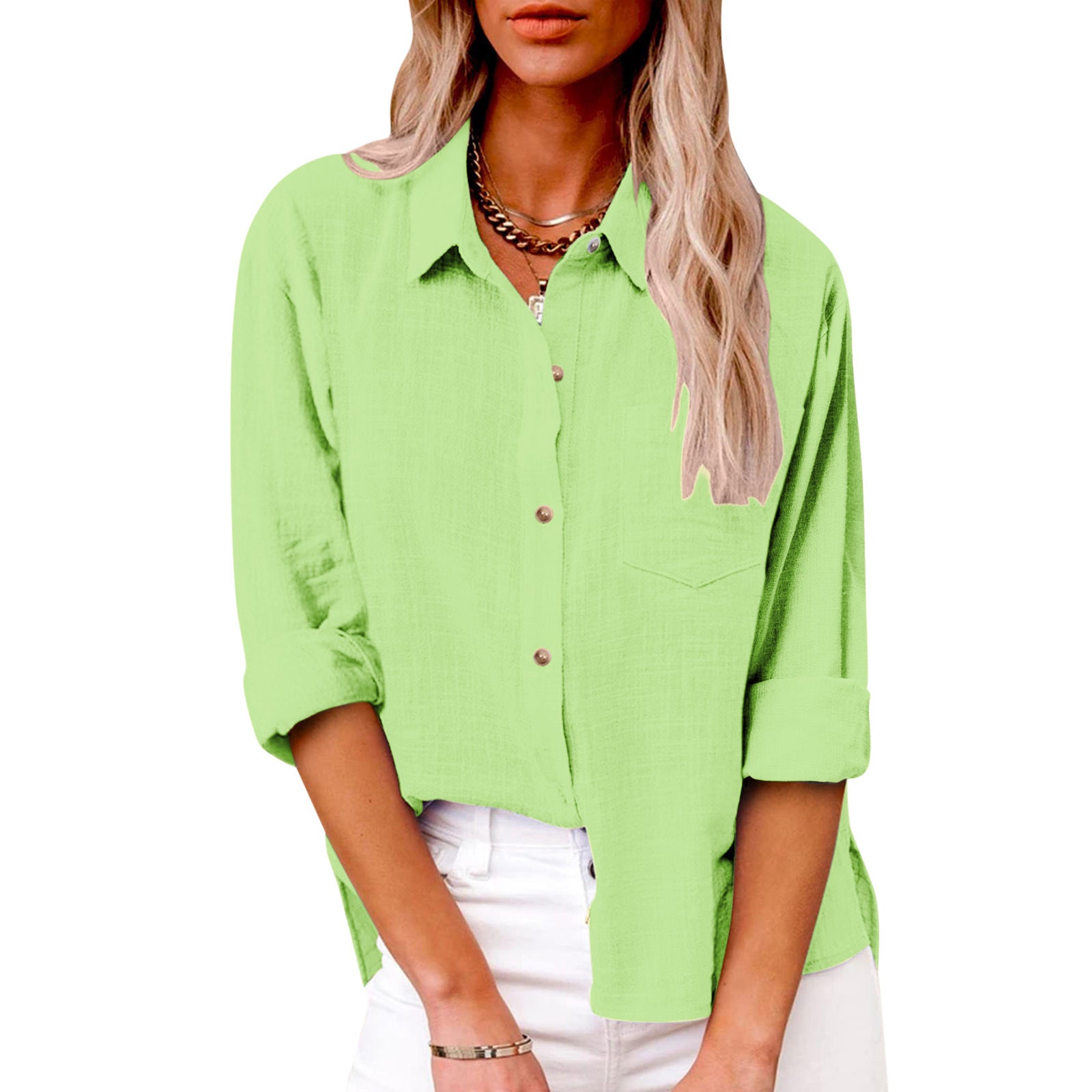 Women's Autumn Pocket Split Long Sleeve Cotton Blouse