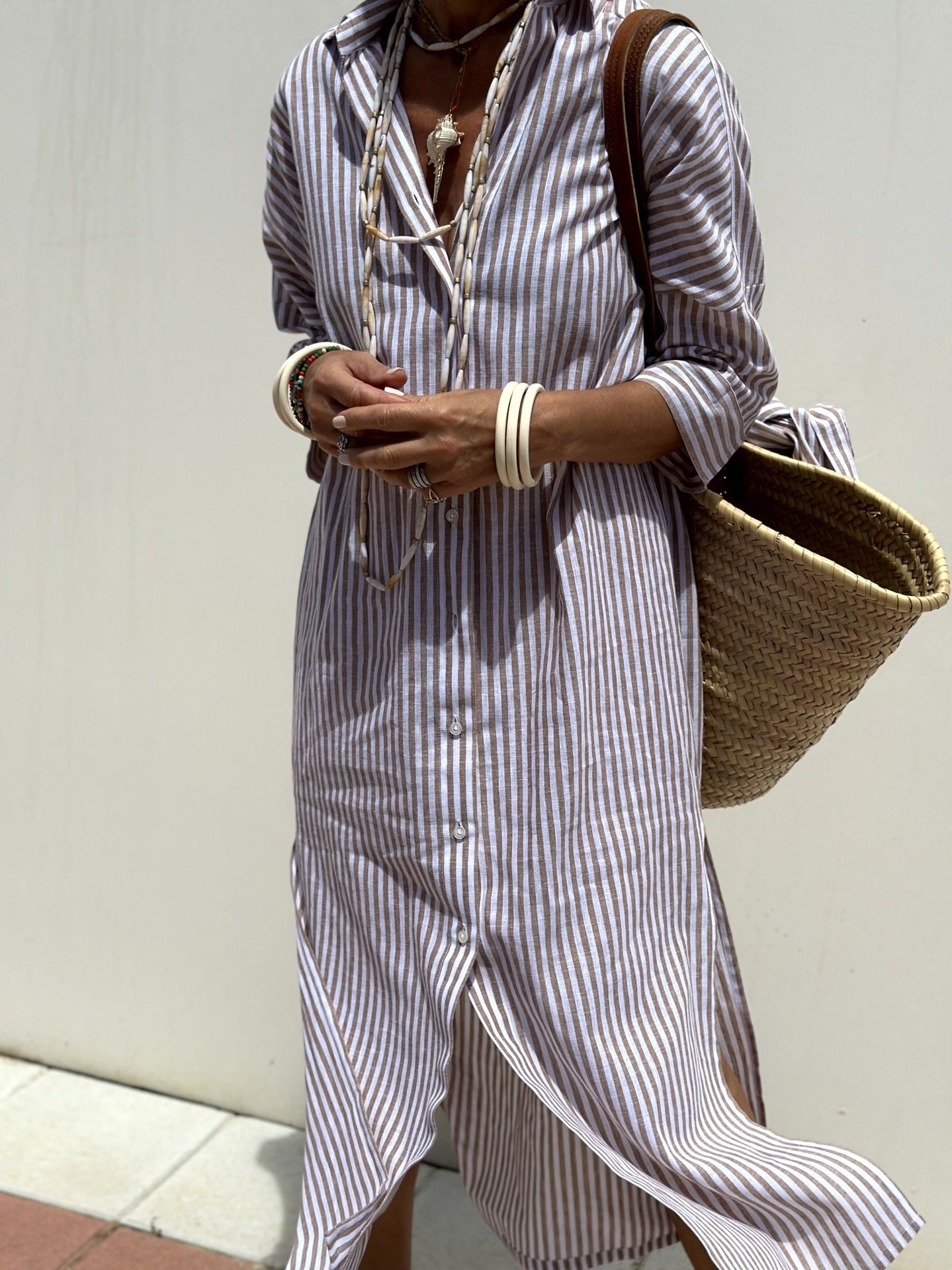 Women's Half Sleeve Striped Lapel Shirt Dress Blouse