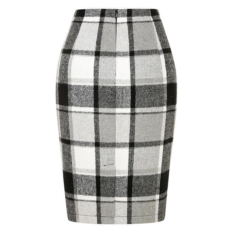 Women's Pencil Tartan High Waist Tight Hip Knee-length Dress