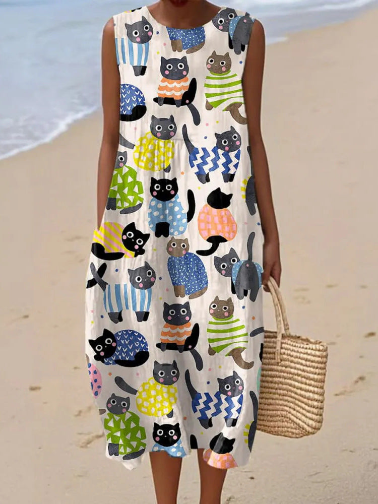 Women's Printed Round Neck Pullover Fashion Casual Dress