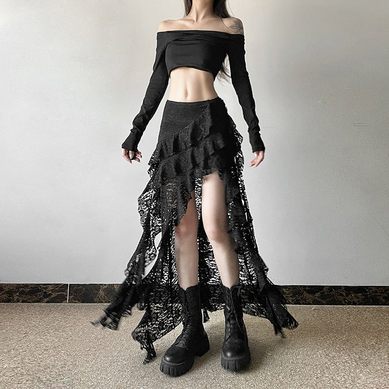 Women's Autumn Unique Design Black Lace Wavy Pleated Edge Skirt