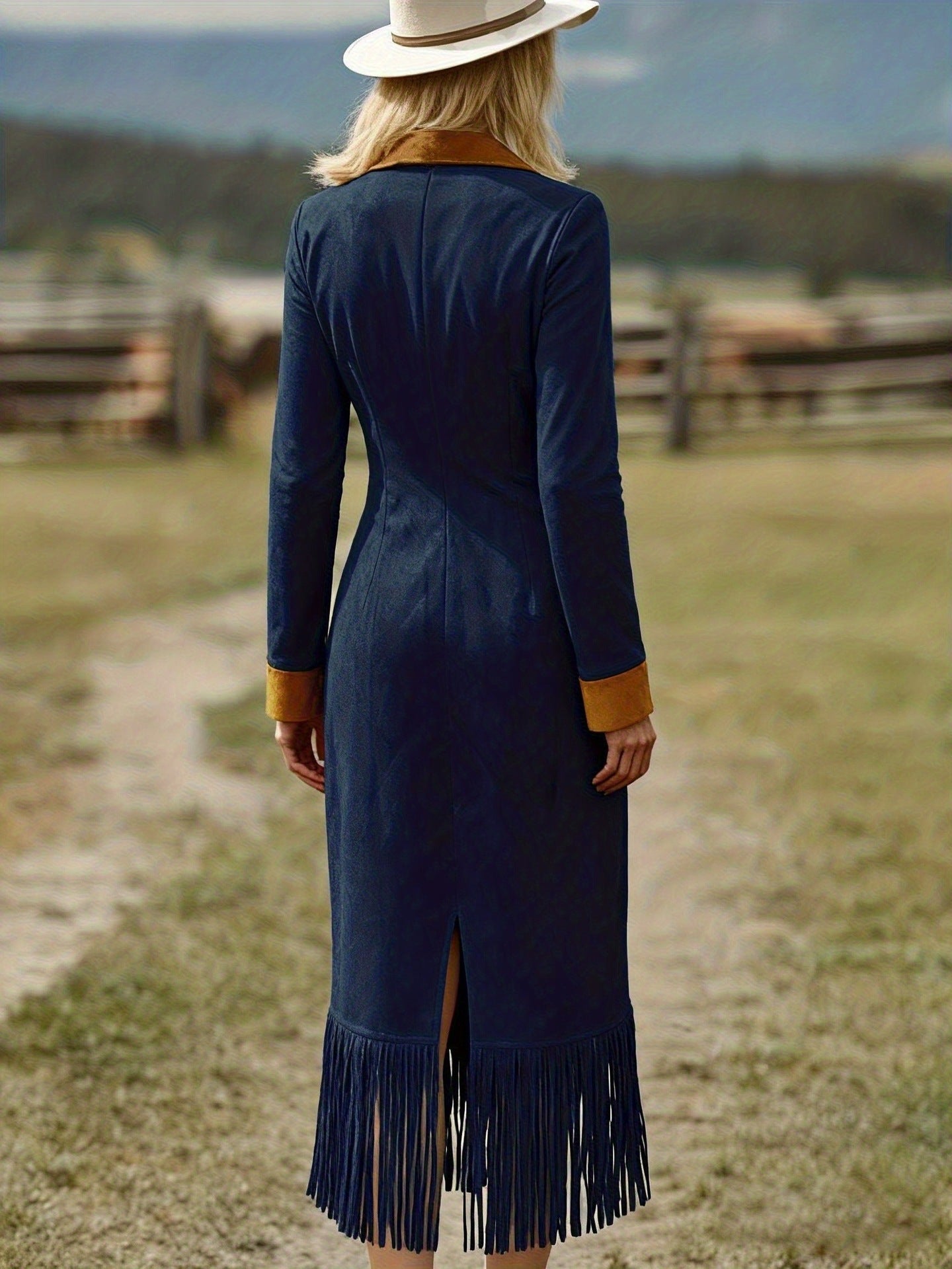 Women's Tassel Suede Contrast Color Long Sleeves Dress