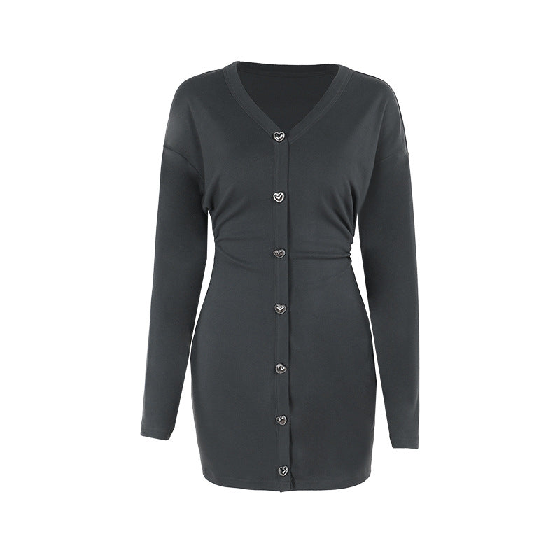 Women's Sexy Deep Knitted Long Sleeves Waist Dress
