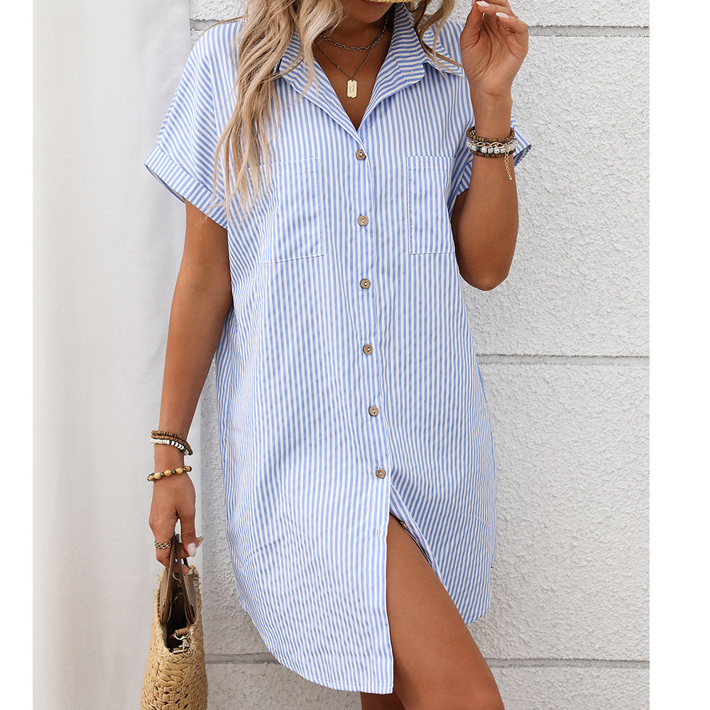 Women's Summer Short-sleeved Striped Cotton Linen Mid-length Dress