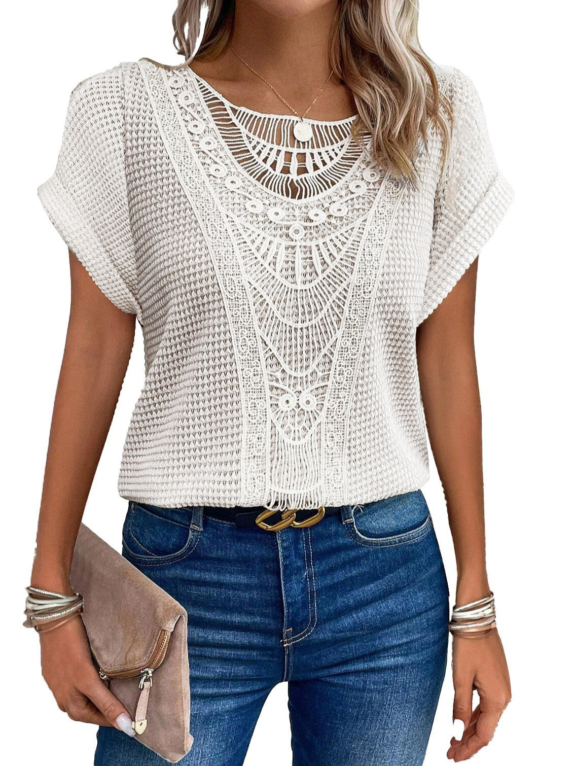 Fashion Beautiful Women's Lace Patchwork Short-sleeved Women's T-shirt