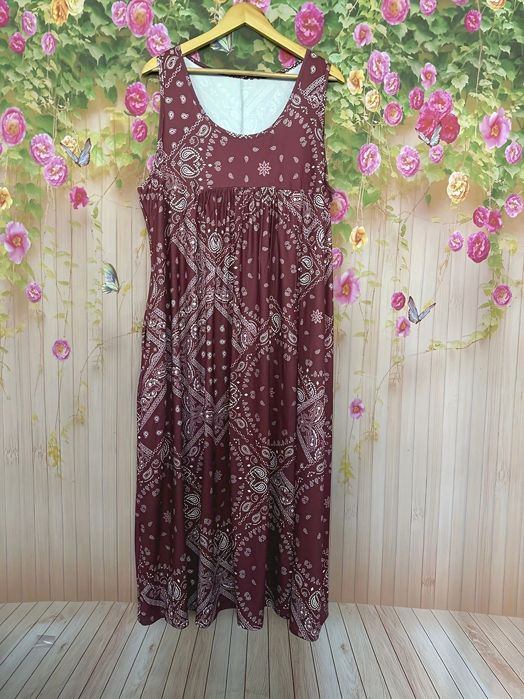 Summer Vintage Loose Vacation Style Round Neck Printed Pocket Dress
