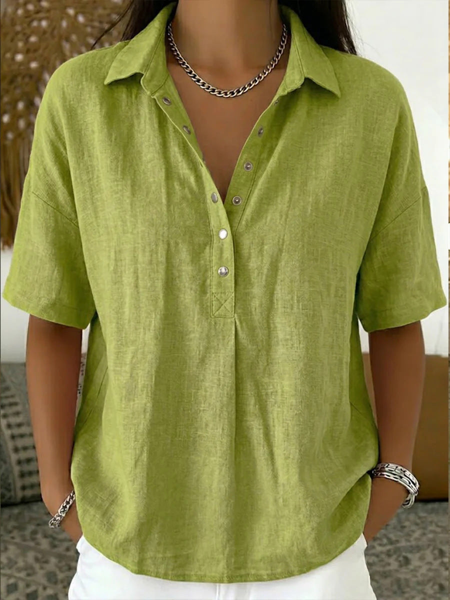 Women's Summer Loose Comfortable Lapel Sleeve Solid Color Blouse