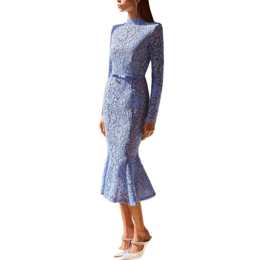 Stylish Slimming Lace Belt Long-sleeved Fishtail Dress